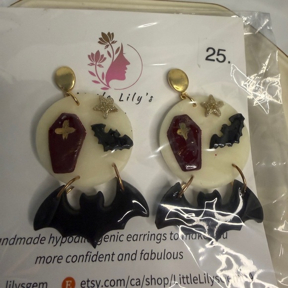 Halloween Black and Gold Bat Earrings - Picture 1 of 7